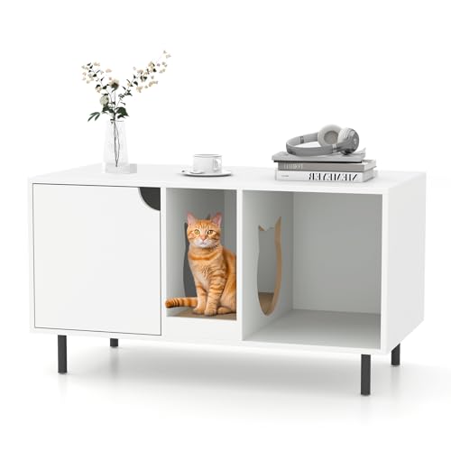 GOPLUS Katzenschrank für Katzentoilette, Katzenklo Schrank mit Abnehmbarer Kratzbrett, Eingang, Metallbeine & Eingang, Katzenhaus Beistelltisch aus Holz für 2 Katzen, 100 x 52 x 55 cm von GOPLUS