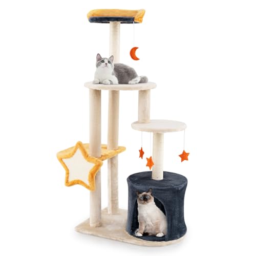 GOPLUS Kratzbaum, Katzenbaum in Mond- & Sternoptik, Katzenkratzbaum mit Sisalpfosten, Kratzbrett, Plüsch-Kletterturm mit Sitzplattform & Katzenhöhle für kleine und große Katzen von GOPLUS