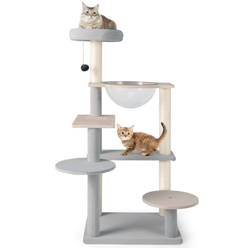 GOPLUS Kratzbaum, Katzenbaum mit Sprungplattformen, Top-Sitzplatz, Raumkapsel, Katzenkratzbaum mit Kratzpfosten, Spielzeug mit Glocke für kleine und große Katzen sowie Kätzchen, 113cm, Grau von GOPLUS