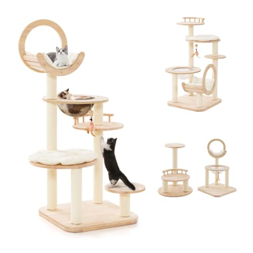 GOPLUS Kratzbaum Holz, 4 in 1 Katzenbaum mit Weltraumkapselnest, gebogenem Oberdeck, Plattform mit Kissen, Kiefernholz-Kratzsäulen, hängendem Spielzeug, Katzenmöbel Aktivitätsbaum Kletterbaum für Katz von GOPLUS