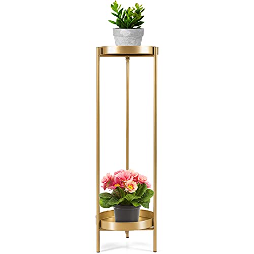 GOPLUS Moderner Blumenständer, 2-Lagiger Pflanzenständer aus Stahlrohren & Metallablagen, Runder Blumentopf für Wohnzimmer Terrasse Balkon, bis zu 30 kg Belastbarkeit (80x25cm, Golden) von GOPLUS