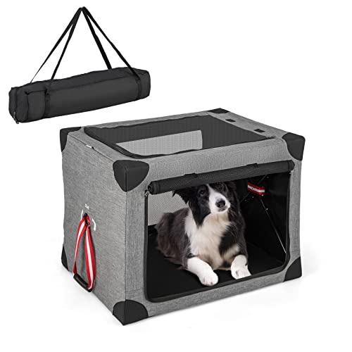 GOPLUS Zusammenklappbare Hundebox mit Matte & 3-seitigen Netztüren, weiche Transportbox für Hunde, Tragbare Haustierbox mit Tragetasche, für Auto, Zuhause, auf Reisen (L-80 x 59 x 59 cm) von GOPLUS