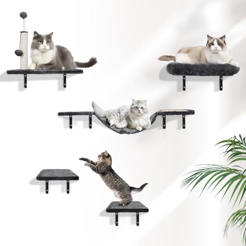 GOQELK Kletterwand Katzen Set-Katzenbaum,6-Teiliges Wandregale, Wandpark mit Katzensalon, Katzenbrücke, Katzenbaum, Katzentreppe und Kratzbrett bis zu 13 kg Frühlingsbälle für Katzen von GOQELK