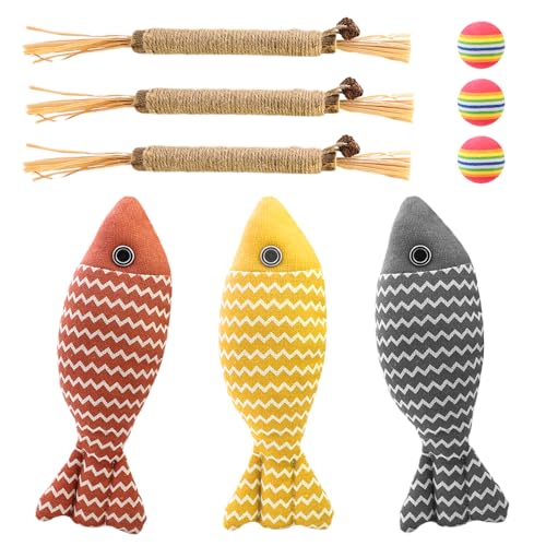 GOTDYBST 9er-Pack Katzenminze Spielzeug, Enthalten 3 Stück 20cm Katzenminze Spielzeug Fisch Form、3 Wurzeln Matatabi Stick Katze、3 Stück Regenbogenball, Katzenspielzeug Für Katzen Spielen Und Kauen von GOTDYBST