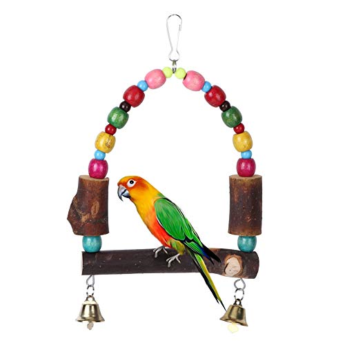 Pet Bird Hanging Cage Hängematte Schaukelspielzeug, Holz Barschständer Kauspielzeug mit Glocke für kleine, mittelgroße Papageien von GOTOTOP