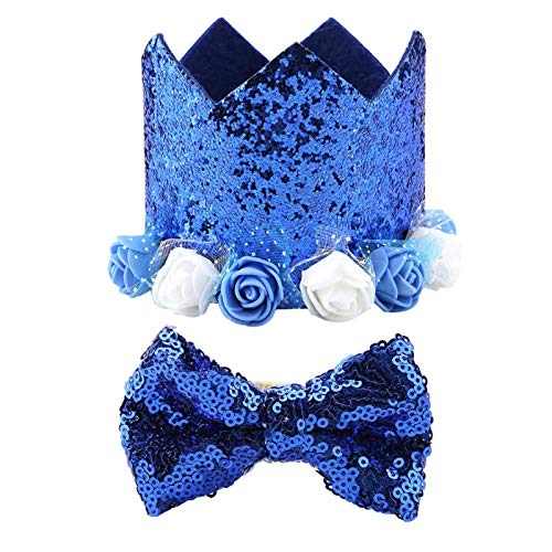 GOTOTOP Pet Cap Fliege Set, Shiny Flower Crown Hut und Blingbling Bow Tie Collar Set Verstellbar für Katzen und kleine mittlere Hunde(Saphir) von GOTOTOP