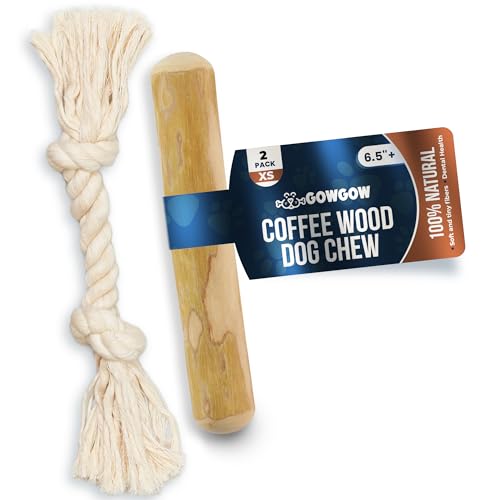 GOWGOW Hundekaustangen aus Kaffeeholz, 16,5 cm & Seilspielzeug für Welpen – 100 % natürliches Kauspielzeug für Welpen, Kauspielzeug zum Zahnen, Bio-Holzstab hilft beim Stressabbau von GOWGOW