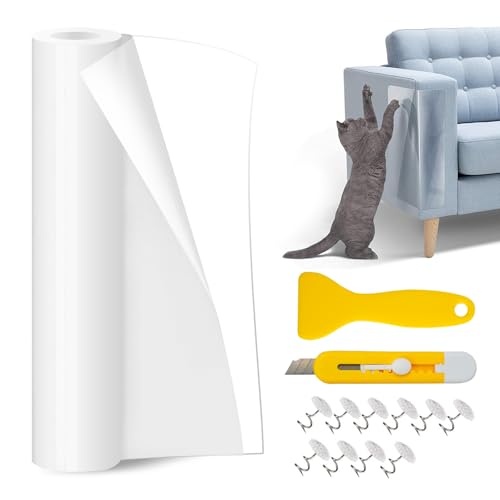 Kratzschutz Katze Tape Transparent, Selbstklebend Kratzfolie Katzen, Katzen Kratzschutz Folie mit Schaber, Kratzfolie Anti Kratz Tape zum Möbel, Möbelschutz Katze Kratzpads für Couch Wand(3m x 30cm) von GOWTX