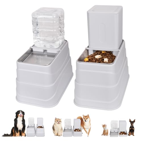 GOYJOY Futterspender und Wasserspender-Set, 3-fach höhenverstellbar, erhöht, automatischer Hunde-Futterspender und Wasserspender für Hunde, Katzen, Haustiere, mit 2 Edelstahlnäpfen, rutschfeste von GOYJOY