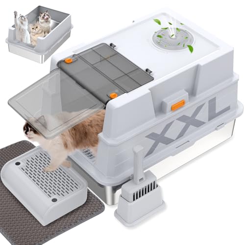 GOYJOY XXL Edelstahl-Katzentoilette mit Deckel, XL geschlossene Metall-Katzentoilette für große Katzen, mehrere Katzen, mit Streuschaufel, Fußpedal und Katzentoilette, Geruchskontrolle, einfache von GOYJOY