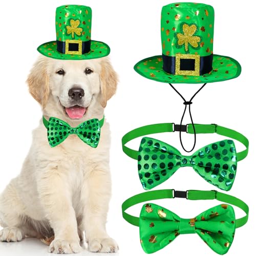 GOYOSWA GOYOSWA St. Patrick's Day Hundekleidung, St. Patrick's Day, Hundekleidung, grünes Kleeblatt, Hundehut, Fliege für kleine, mittelgroße und große Hunde (Hundehut und 2 Fliegen), 3-teilig von GOYOSWA