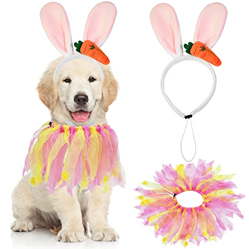 GOYOSWA Hunde-Oster-Outfit, Osterkostüm, Osterhasenohren, Hundehalsband mit rosa und gelben Bändern, Urlaubs-Hundekostüme für kleine, mittelgroße und große Hunde (Rosa) von GOYOSWA