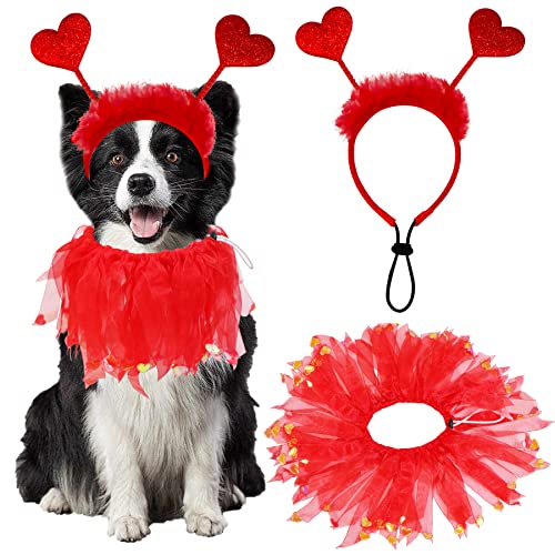 GOYOSWA Hund Valentinstag Outfit, Hund Valentinstag Kleidung Rot Glitzer Herzen Hund Stirnband Hundehalsband mit roten Bändern Urlaub Kostüme für kleine, mittelgroße und große Hunde von GOYOSWA