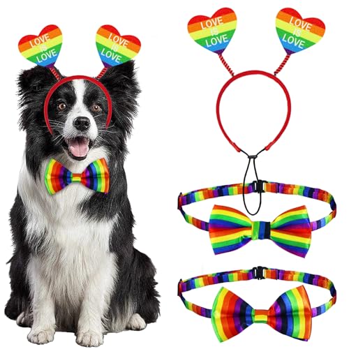 GOYOSWA Hunde-Outfit, Regenbogen-Herz, Hunde-Stirnband, Fliege, Halsband, Pride, Hundebekleidung für kleine, mittelgroße und große Hunde, 3 Stück (Pride Style 2) von GOYOSWA