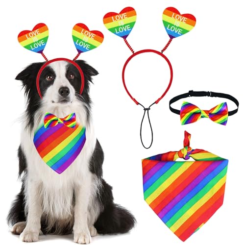 GOYOSWA Hunde-Outfit, Regenbogen-Herz, Hunde-Stirnband, Fliege, Halsband, Regenbogen, Hundehalstuch, Hunde-Bandana, Kleidung für kleine, mittelgroße und große Hunde, 3-teilig (Pride Style 1) von GOYOSWA