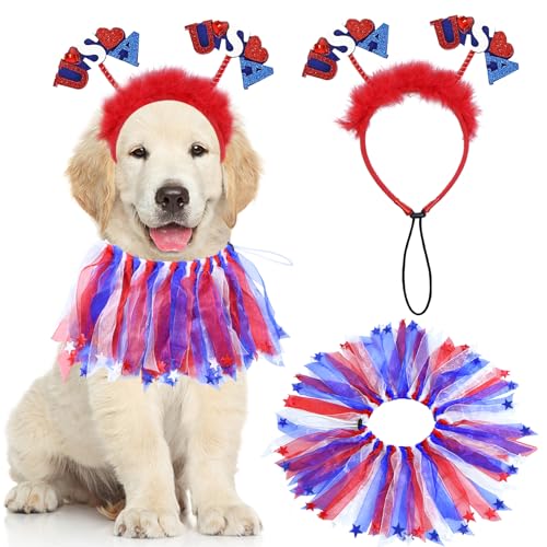 GOYOSWA Hunde-Outfit für 4. Juli, 4. Juli, Hundekleidung, USA-Hunde-Stirnband, rot, weiß und blau, Hundehalsband für kleine, mittelgroße und große Hunde, 2 Stück von GOYOSWA