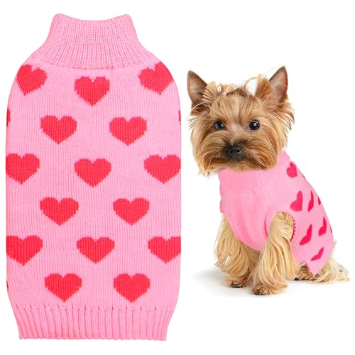 GOYOSWA Hundepullover zum Valentinstag, Hundekleidung, gestrickter Herzpullover für kleine, mittelgroße und große Hunde (Rosa, Größe S) von GOYOSWA