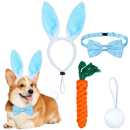 GOYOSWA Oster-Hunde-Outfit mit Hasenohren, Fliege, Hund, Hasenschwanz, Osterkostüm für kleine, mittelgroße und große Hunde (hellblaues Hasen- und Karottenspielzeug), 4 Stück von GOYOSWA