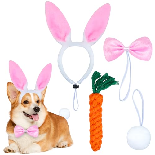 GOYOSWA Osterkostüm für Hunde, Hasenohren, Fliege, Hund, Hasenschwanz, Osterkostüm für kleine, mittelgroße und große Hunde (rosa Häschen und Karottenspielzeug), 4 Stück von GOYOSWA