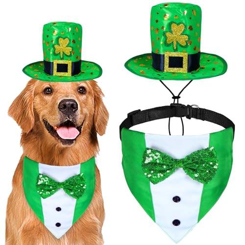 GOYOSWA St. Patrick's Day Hundekleidung, St. Patrick's Day, Hundekleidung, Grünes Kleeblatt, Smoking, Anzug mit Fliege für kleine, mittelgroße und große Hunde (Hundehut und Smoking), 2 Stück von GOYOSWA