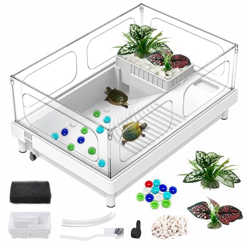 GOZILLA Kleine Schildkröte Tank Acryl Schildkröte Aquarium Schildkröte Tank Starter Kit mit Multifunktionsbereich für Schildkröten, Krabben, Krebse, kleine Reptilien (weiß) von GOZILLA