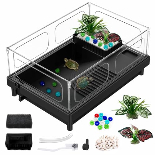 GOZILLA Kleiner Schildkrötenbehälter, Acryl Schildkröte Aquarium Schildkröte Lebensraum Schildkröte Tank Starter Kit mit Multifunktionsbereichen für Schildkröten, Krabben, Krebse, Garnelen, kleine von GOZILLA