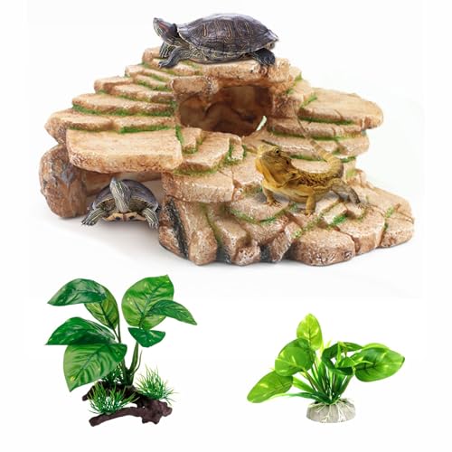 GOZILLA Schildkröten-Plattform-Set, Reptilien-Lebensraum, dekoratives Harz für Aquarium und Terrarium, inklusive Kunstpflanze, 2 x Gelb von GOZILLA