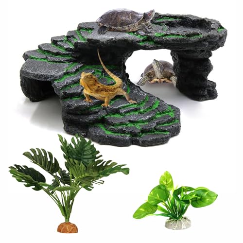 GOZILLA Schildkröten-Plattform-Set, Reptilien-Lebensraum-Versteck, dekoratives Harz für Aquarium und Terrarium, inklusive Kunstpflanze, 2 x Schwarz-M-Kit) von GOZILLA