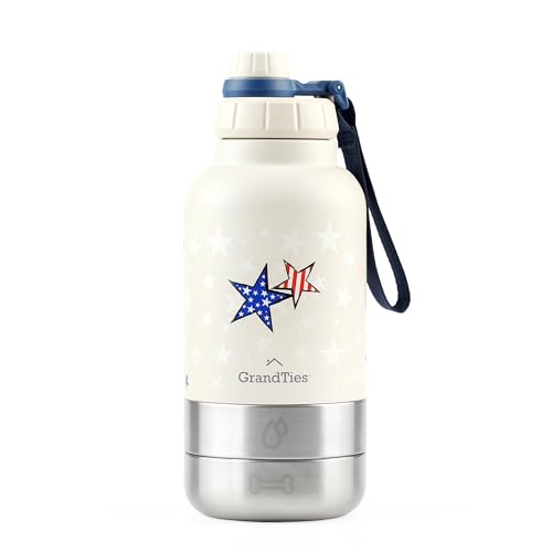 GrandTies Isolierte tragbare Hunde-Wasserflasche mit 2 abnehmbaren Wassernapf-Spendern, Hundefutter-Reisebehälter, Hundezubehör für Spaziergänge, Wandern, Camping (950 ml), Patriot) von GRANDTIES