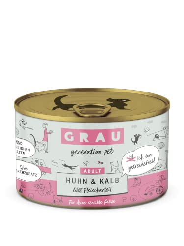 GRAU – das Original – Nassfutter für Katzen - Huhn & Kalb, 6er Pack (6 x 200 g), getreidefrei, für Erwachsene Katzen von GRAU generation pet