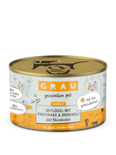 GRAU – das Original – Nassfutter für Hunde - Geflügel mit Pastinake/Brokkoli, 6er Pack (6 x 200 g), getreidefrei, für sensible erwachsene Hunde von Grau