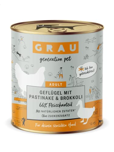 GRAU – das Original – Nassfutter für Hunde - Geflügel mit Pastinake/Brokkoli, 6er Pack (6 x 400 g), getreidefrei, für sensible erwachsene Hunde von Grau