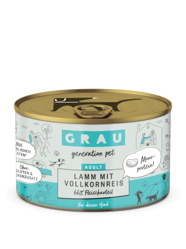 GRAU – das Original – Nassfutter für Hunde - Lamm mit Vollkornreis, 6er Pack (6 x 200 g), Monoprotein, glutenfrei, für erwachsene Hunde von Grau