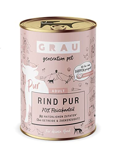 GRAU generation pet Rind Pur | 6 x 400 g | Nassfutter für Erwachsene Hunde | Rind als einzige tierische Proteinquelle | Zum BARFen, selbermixen oder als Ausschlussdiät geeignet von Grau