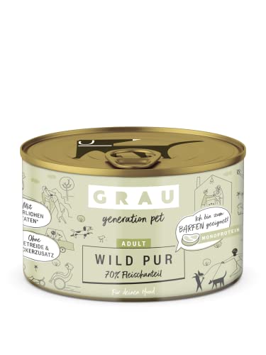 GRAU – das Original – Nassfutter für Hunde - Wild Pur, 6er Pack (6 x 200 g), getreidefrei, für Erwachsene Hunde von Grau