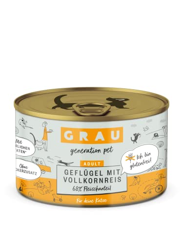 GRAU – das Original – Nassfutter für Katzen - Geflügel mit Vollkornreis, 6er Pack (6 x 200 g), glutenfrei, für Erwachsene Katzen von Grau