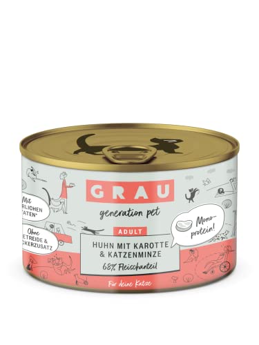 GRAU – das Original – Nassfutter für Katzen - Huhn mit Karotte & Katzenminze, 6er Pack (6 x 200 g), Monoprotein, getreidefrei, für Erwachsene Katzen von Grau