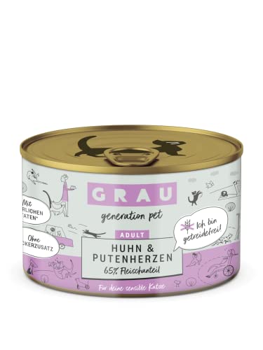 GRAU – das Original – Nassfutter für Katzen - Huhn & Putenherzen, 6er Pack (6x 200 g), getreidefrei, für erwachsene Katzen von Grau