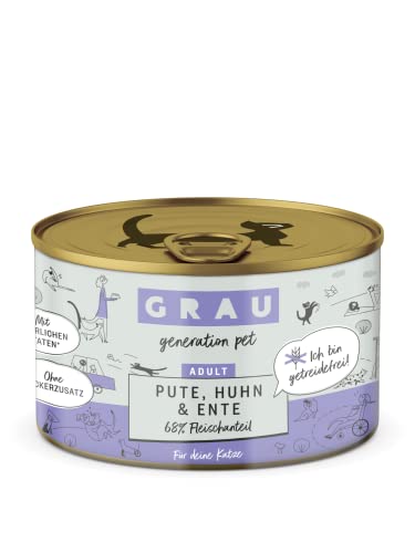 GRAU – das Original – Nassfutter für Katzen - Pute, Huhn & Ente, 6er Pack (6 x 200 g), getreidefrei, für Erwachsene Katzen von Grau