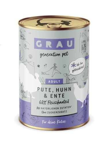 GRAU – das Original – Nassfutter für Katzen - Pute, Huhn & Ente, 6er Pack (6 x 400 g), getreidefrei, für Erwachsene Katzen von Grau