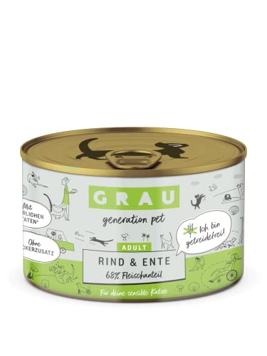 GRAU – das Original – Nassfutter für Katzen - Rind & Ente, 6er Pack (6 x 200 g), für sensible erwachsene Katzen von Grau