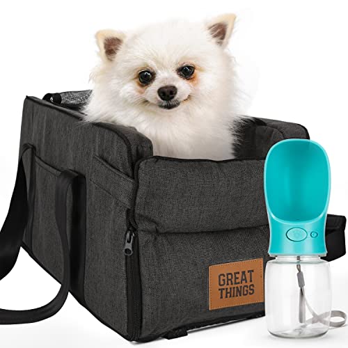 Autositz für kleine Hunde – Tragbare Welpen-Tragetasche für kleine Hunde, Katzen-Sicherheitskonsole, weiche und abnehmbare Tragetasche, Haustier-Reisetasche mit Wasserflasche & Wasserflaschenhalter von GREAT THINGS