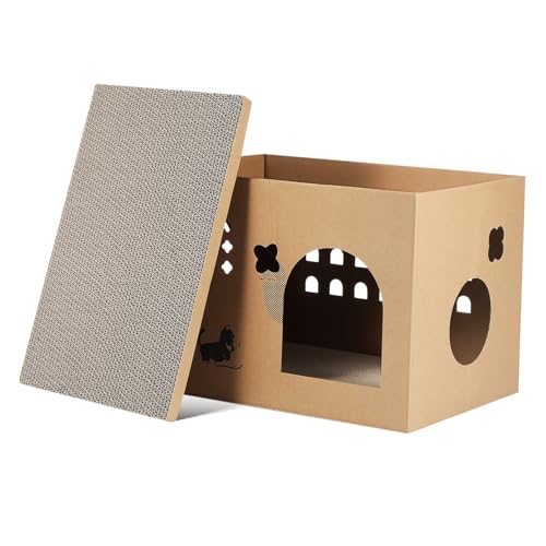 GREENADSCAPE Katzenvilla Katzenbett katzenbox katzenkiste Katzenhaus für große Katzen katzenspielzeug gewelltes Katzenhaus kratzunterlage für Katzen Katzenzelt Katzenhäuser im Freien Wellpapier von GREENADSCAPE