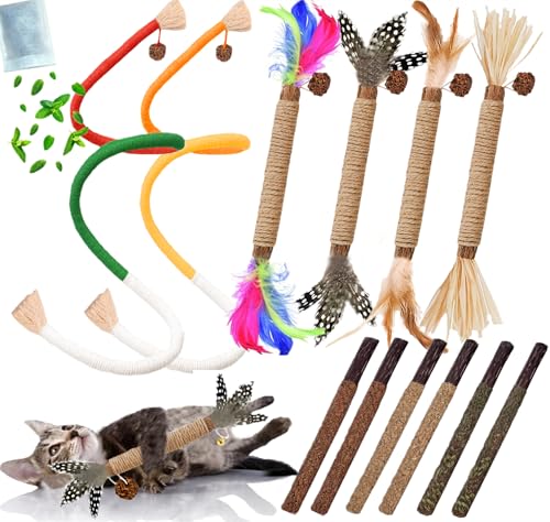 GREMBEB Cat Toys 12 Stück Catnip Spielzeug für den Innenbereich, Kätzchen, Kauspielzeug, Kauspielzeug für die Zahnreinigung, Zahnreinigung, Katze, Silvervine, Seil, Kitty Federn, Snack für Kick Molar von GREMBEB