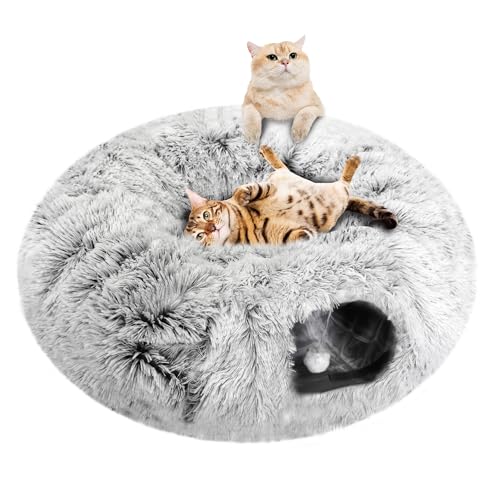 GRETMIX Katzenspielzeug, Katzenspielzeug für Hauskatzen, erweiterbares Katzentunnelbett mit Teaserball, C-Rohr und Plüschbett mit Matte, grau, rund für große Katzen, 84 x 25 cm Katzentunnel von GRETMIX