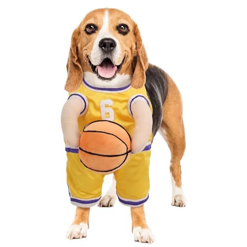 GRFFZX Basketballkostüm für Hunde mit Ball, Basketballkostüm für Hunde an Halloween, Basketballkostüm für Hunde, Basketballspielerkostüm für Hunde mit Ball, mit verstellbaren Trägern (M,Yellow) von GRFFZX