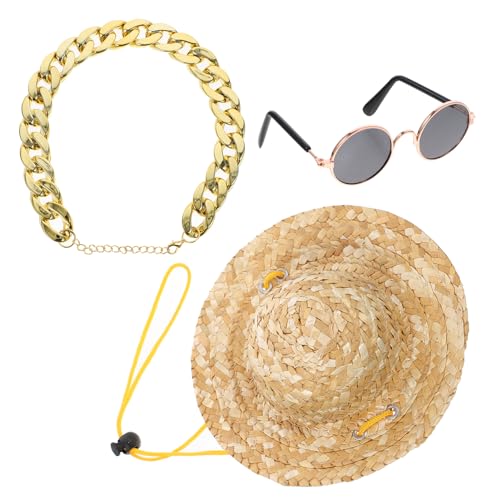 GRIRIW 3 Stücke Mini Sombrero Mexikanische Hüte Klassische Haustier Sonnenbrille Einstellbare Gold Haustierkette von GRIRIW