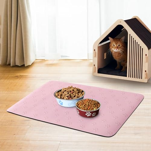 GROBRO7 Pet Food Mat Absorbierende Hundematten für Futter und Wassernapf, schnell trocknende, leicht zu reinigende Haustier Wasserspender Matte, rutschfest, Katzenzubehör (Pink Paw) von GROBRO7