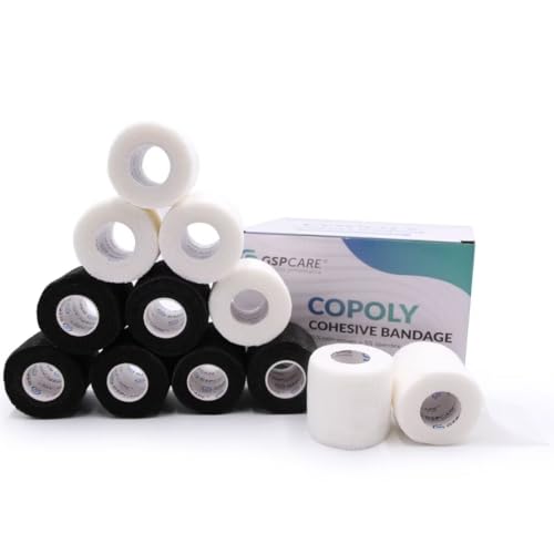 GSPCARE Selbsthaftende Bandage 5 cm x 4,5 m, 12 Rollen Elastisch Kohäsiver Verband Tierverband Selbstklebend, Haftbandage für Schwellungen der Knöchelverstauchungen am Handgelenk ( 6 Weiß 6 Schwarz ) von GSPCARE