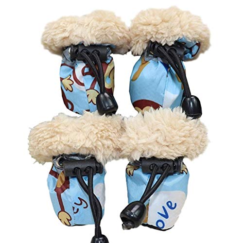 Stiefel 4 Pack/Set Hund Winter Regen Stiefel mit leiner Karikatur wasserdicht verdickung Anti rutsch weich warme Schuhe für Hund Hundeschuhe 871 (Color : Blue, Size : 1) von GSXLZ